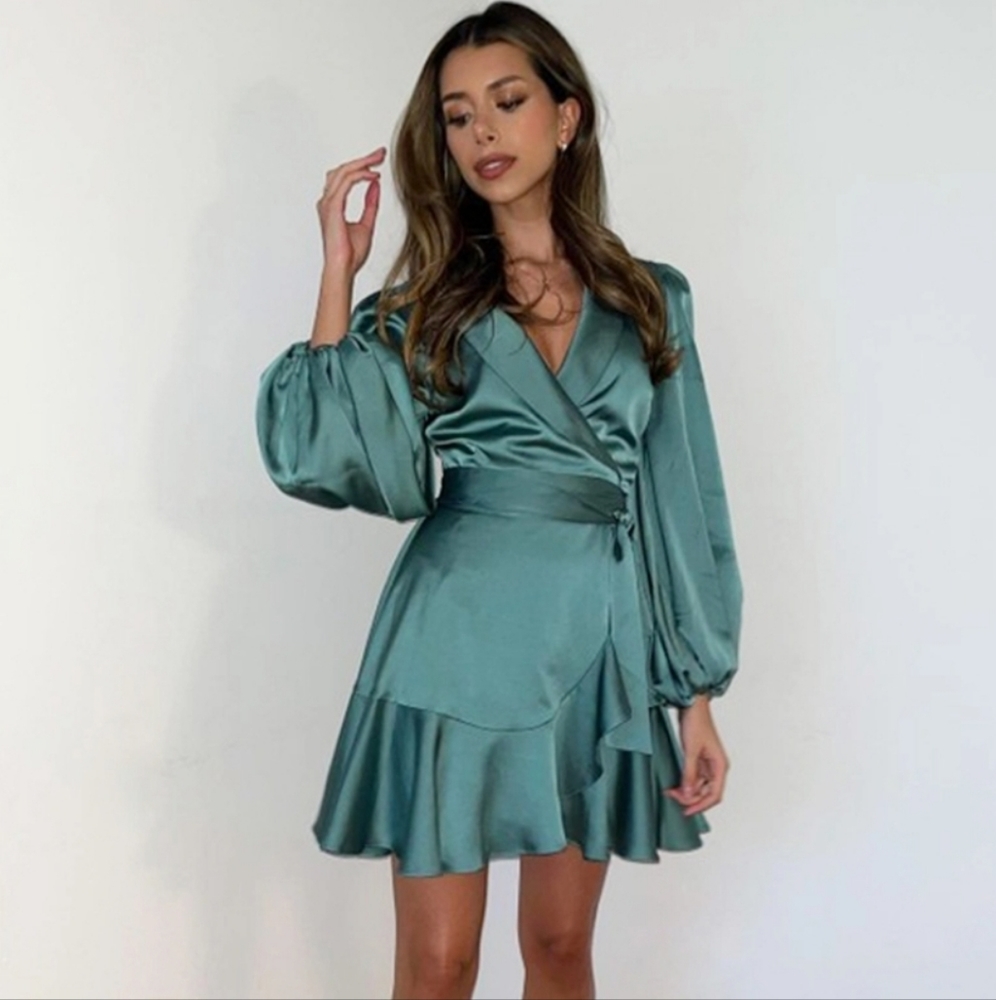 Keepsake Kennedy long sleeve wrap mini dress in jade.